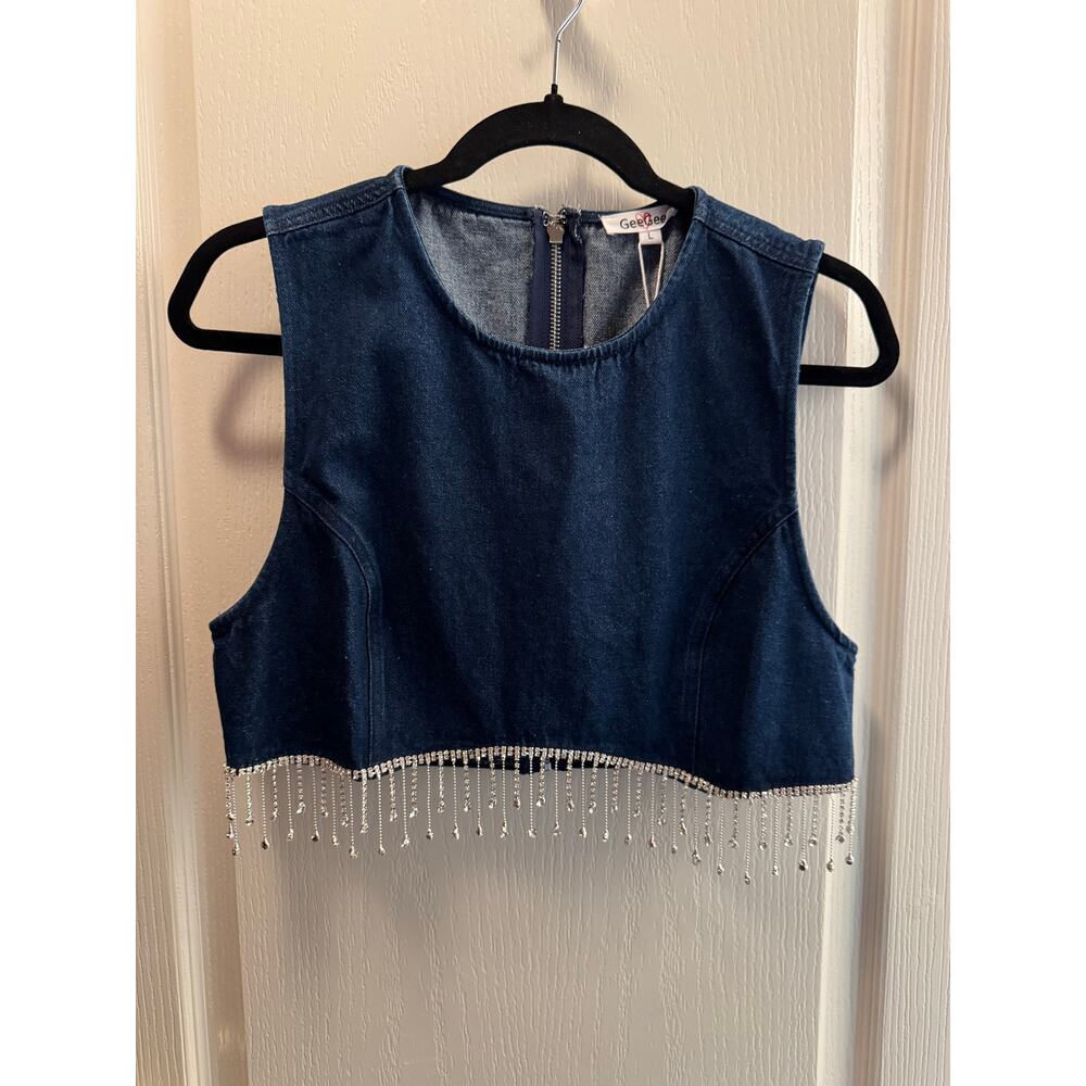 Western Style Jewel Rhinestone Fringe Denim Crop Top Size L